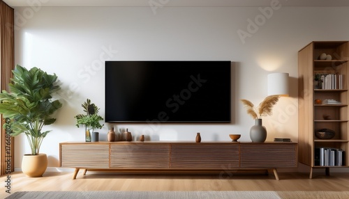 Wallpaper Mural living room tv screen mockup a modern living room featuring a large blank tv screen mockup mounted on a wall below the tv a stylish wooden cabinet holds decorative items Torontodigital.ca