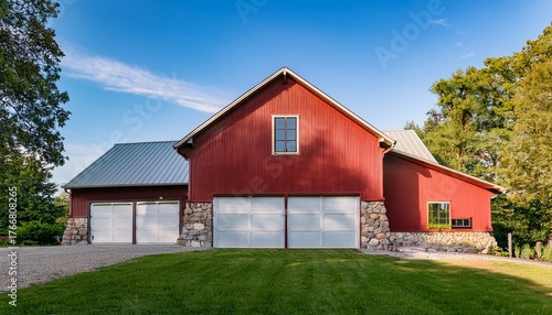 Wallpaper Mural a barndominium house style large red barn with a metal roof featuring two garage doors and a stone base surrounded by green grass and tall trees in the background it has a rustic charm Torontodigital.ca