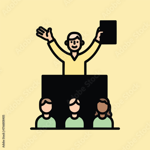Stylized vector illustration of a public speaker at a podium addressing a diverse audience.