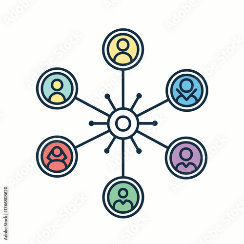 Vibrant line art illustration of a social network with a central hub and connected colorful user profiles.