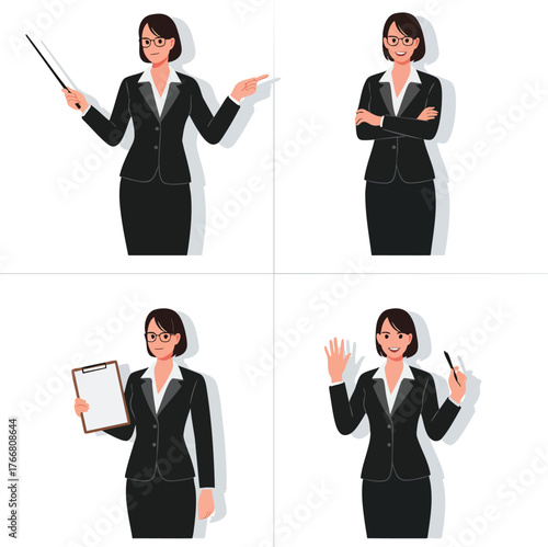 Vector illustration set of a professional businesswoman with glasses in a black suit shown in four different poses.