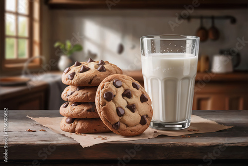A delicious stack of freshly baked chocolate chip cookies sits next to a tall glass of cold milk on a rustic wooden table in a cozy kitchen setting with warm natural light