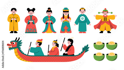 Dragon Boat Festival Cartoon Illustration Featuring Dragon Boat, Paddlers, Dumplings, and People in Traditional Clothing