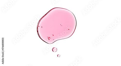 A single drop of light pink liquid with small air bubbles falling from a larger blob isolated on transparent background