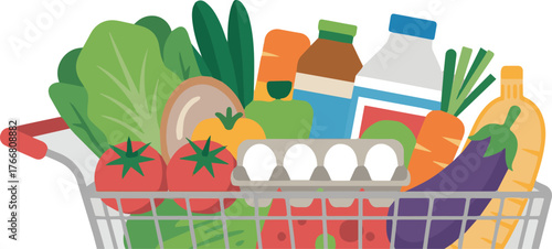 Isolated a kinds of deferent Grocery products in supermarket cart. Vegetables, eggs, milk and other grocery processed and fresh food. Healthy eating concept vector art with white background.