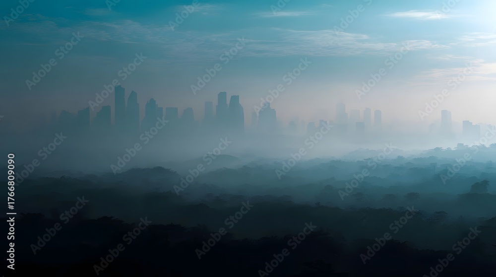 Fototapeta premium A hazy urban skyline of skyscrapers emerges through dense morning mist with layered dark hills in the foreground