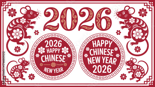 Festive 2026 Chinese New Year with Rats, Flowers, and Red Traditional Border Design