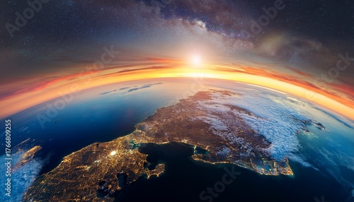 behold the stunning and breathtaking view of our beautiful earth from space during sunrise