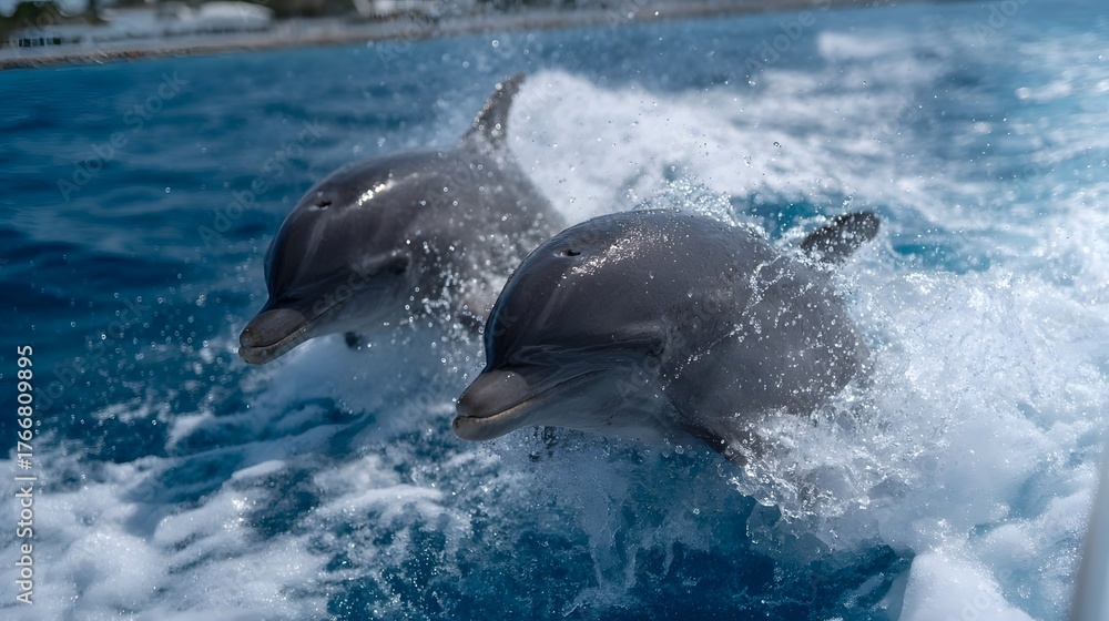 Obraz premium Two graceful dolphins energetically leap from the vibrant blue ocean water creating dynamic white splashes and ocean spray in bright sunlight