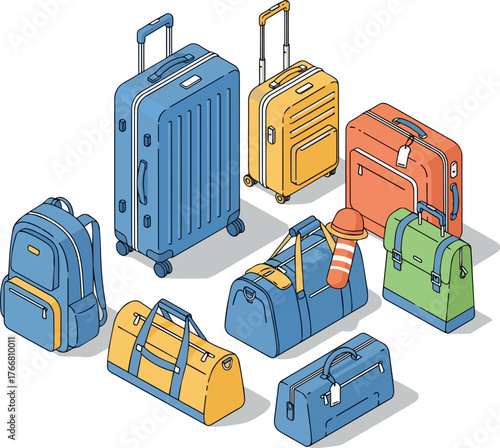 Isolated a kinds of deferent Luggage, suitcase, bag for summer vacation. Travel and transportation concept. Isometric vector art with white background.