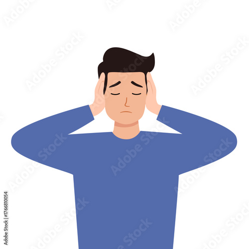 Man covering his ears. gesture of annoyance at loud noises. can't stand arguments. blocking out noise. Vector illustration