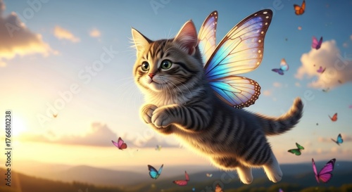 A whimsical tabby cat soars through a butterfly filled sky at sunset with fairy wings adorning its