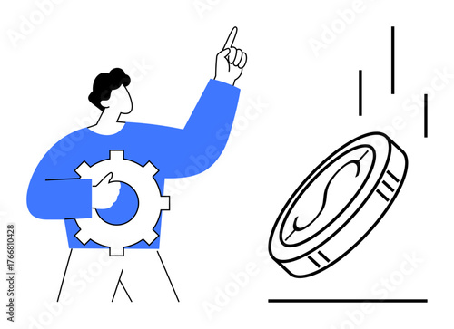 Person holding cogwheel symbolizing innovation and pointing up toward progress. Coin falling conveys profitability and upward trajectory. Ideal for finance, operations, strategy, innovation, growth
