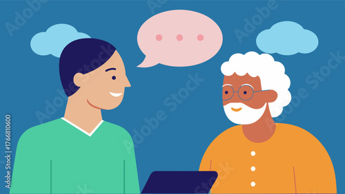 A caregiver and an older man engaging in a conversation about current events discussing the importance of social interaction for brain health and disease prevention.. Vector illustration