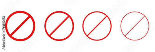 Prohibited circle sign. Prohibition red icon. Ban icon. Red circle with cross line symbol. Caution frame symbol. Forbidden stop sign. Vector illustration