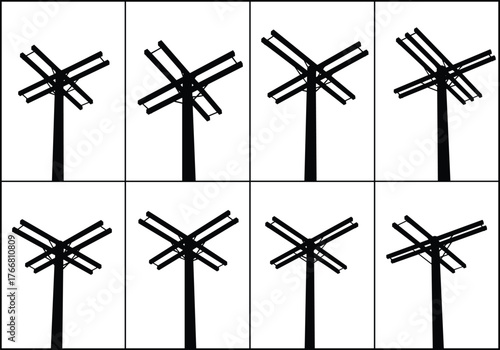 Different utility poles with crossarms and insulators, electrical infrastructure silhouette illustration, energy distribution system concept, flat vector