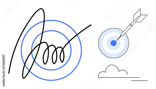 Arrow hitting bullseye, signed document, and minimalist cloud. Ideal for business agreements, focus, accuracy, success, goals achievement and strategy. Clean simple flat metaphor