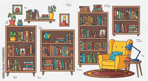 Cartoon Book Shelves Home Library Set – Literature Reading Concept Flat Design