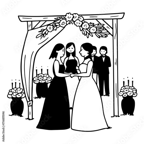 A wedding ceremony, and two brides in dresses at the altar. A comical sketch in cartoon doodle style about LGBT couples