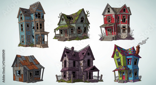 Cartoon Dilapidated House Set – Abandoned Building Concept Flat Design Vector