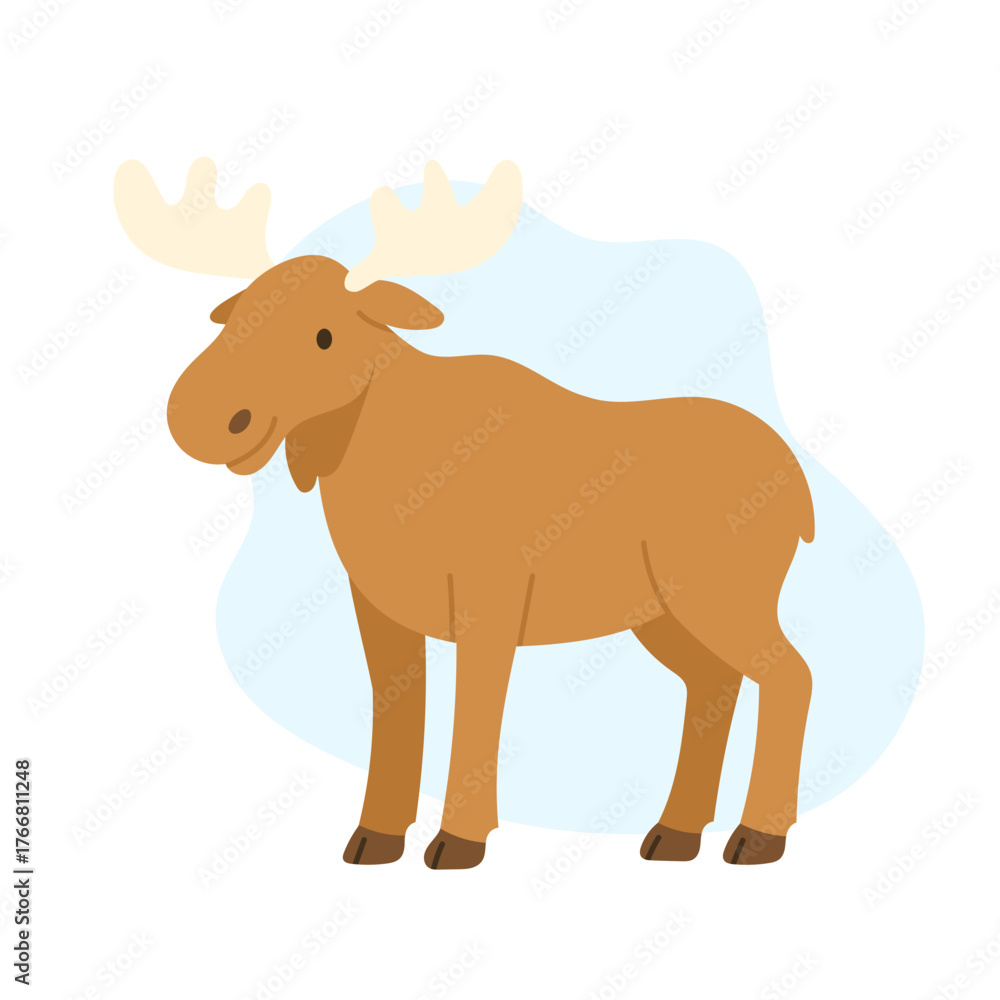Fototapeta premium A Whimsical Illustration of a Brown Moose Standing Gracefully Against a Soft Blue Background. Forest animal and Woodland fauna