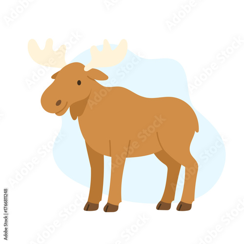A Whimsical Illustration of a Brown Moose Standing Gracefully Against a Soft Blue Background. Forest animal and Woodland fauna