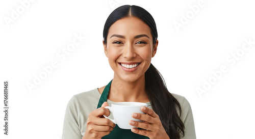 Latina barista smiling brightly holding a hot coffee cup against a white background, showcasing her warm and friendly demeanor