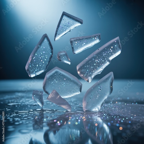 Sharp jagged ice fragments shattering and falling in freezing motion under dramatic lighting