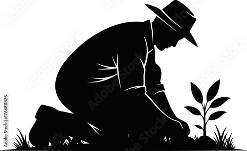 Farmer Planting Silhouette Vector