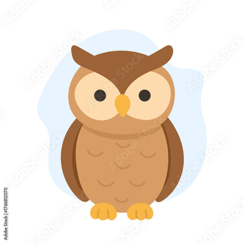 A Cute and Colorful Cartoon Owl Character with Big Eyes and Stylized Features Against a Soft Blue Background. Forest animal and Woodland fauna