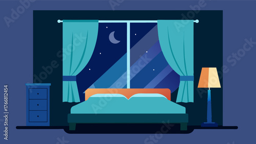 A bedroom with blackout curtains to promote restful sleep and reduce agitation caused by changes in daylight.. Vector illustration