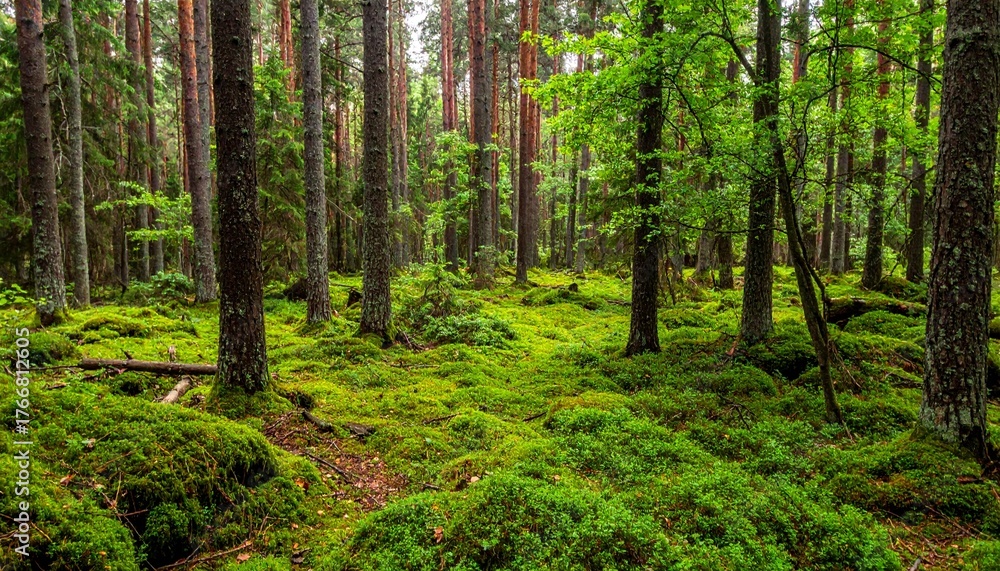Naklejka premium Forest with dense layer of clubmoss and low green ground cover under diffused overcast daylight in summer