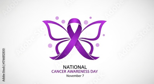 Purple butterfly ribbon symbolizing national cancer awareness day on a light gray background with bokeh effect