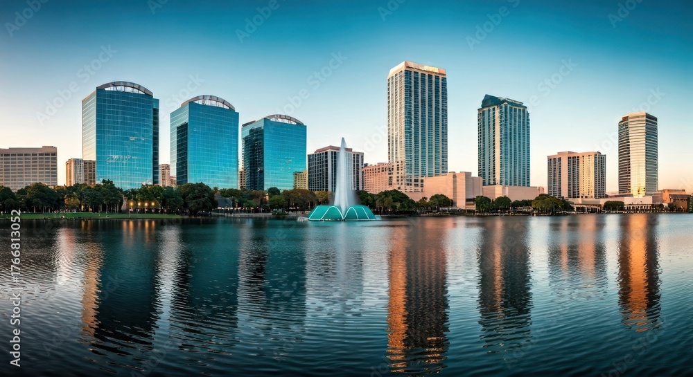Fototapeta premium City skyline reflecting in calm water, with a fountain, at dawn