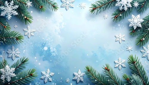 Winter Border with Pine Branches and Snowflakes on Blue Background