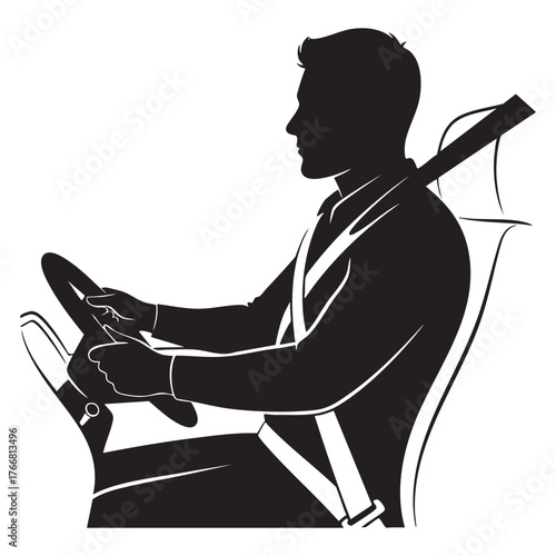 Side view of car driver wearing seatbelt while driving silhouette vector illustration. Road safety concept.