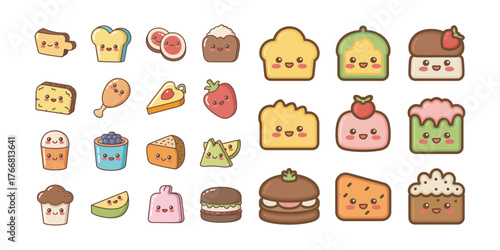 Kawaii Food Icons Collection Cute Cartoon Food Illustrations Set Vector