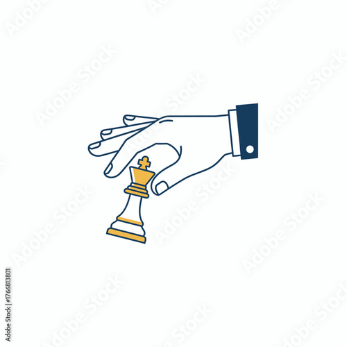 A businessman's hand in a suit holding a king chess piece, representing a strategic move, leadership, and power in a corporate game