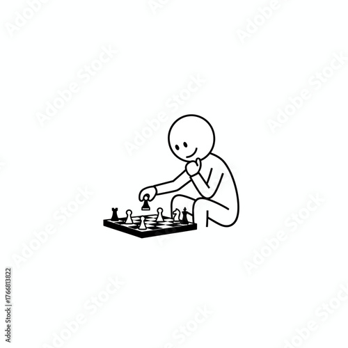 A simple stick figure character sits thoughtfully, making a strategic move with a pawn on a chessboard in this minimalist line art illustration