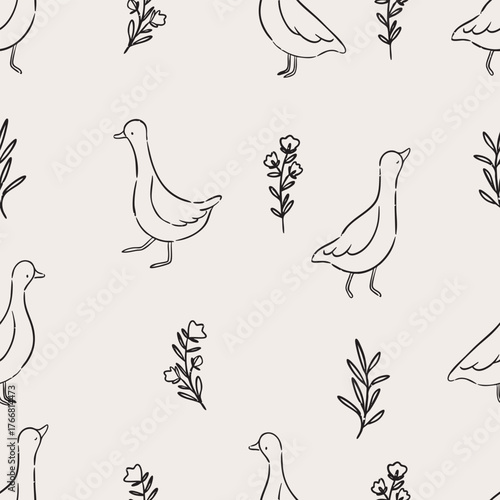 Seamless pattern with geese and flowers line art. Cute minimal background for nursery prints.