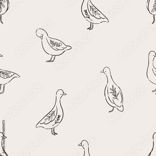 Seamless pattern with cute geese and floral elements. Perfect for nursery design and prints.
