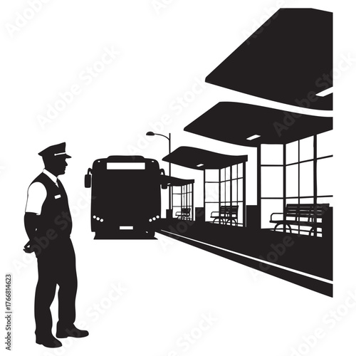 Bus driver standing at bus station silhouette vector illustration. Public transport scene with arriving bus and shelter.