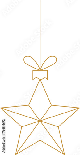Luxury gold Christmas star ornament line art vector icon; Minimalist hanging decoration symbol for holiday design.