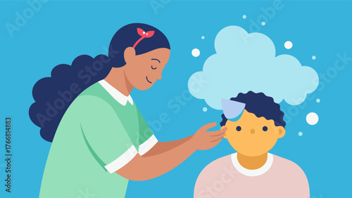 A caregiver gently washing the face of a person with a traumatic brain injury promoting a soothing and calming routine.. Vector illustration