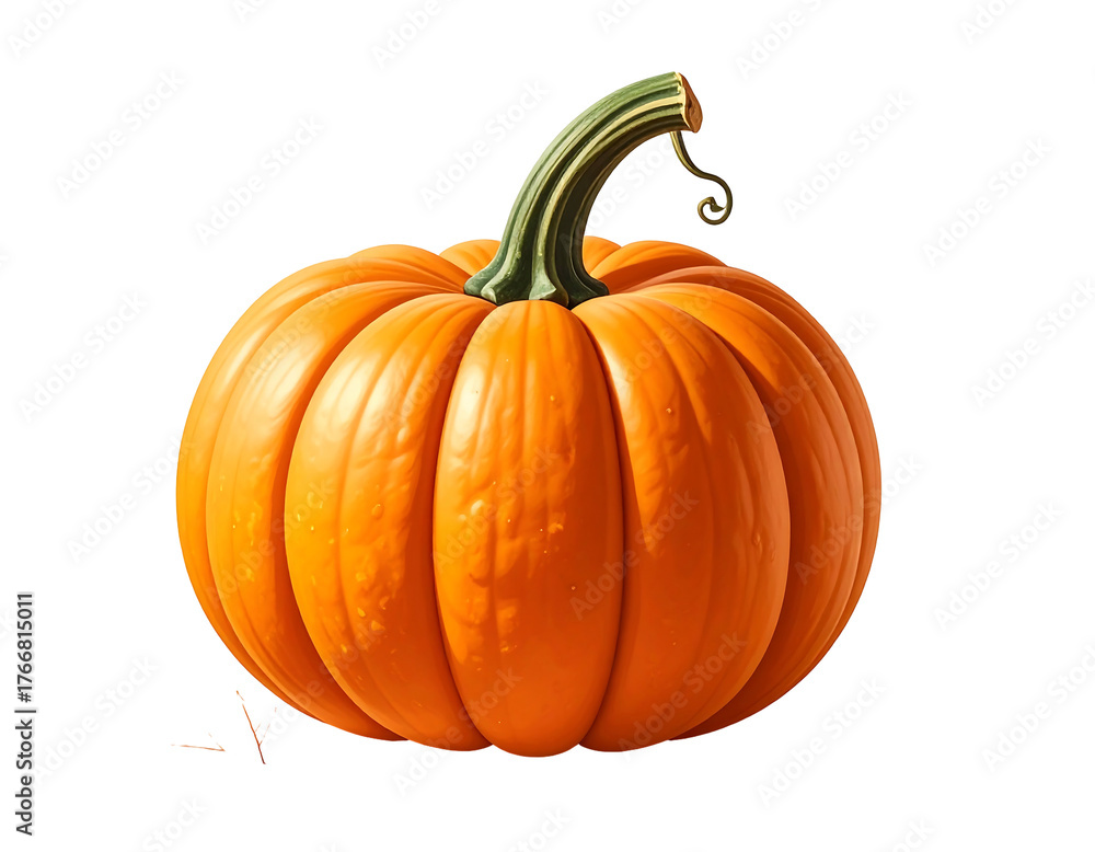Obraz premium A round, bright orange pumpkin with a curly stem, isolated against a stark black background, creating a stark contrast