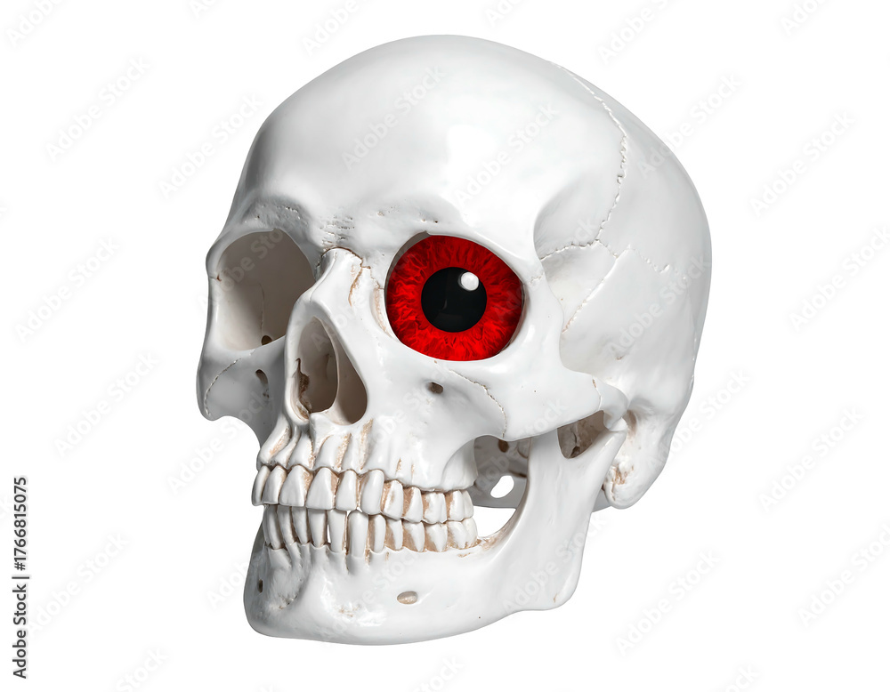 Obraz premium A white skull with a striking red eye, isolated on a black backdrop. Sinister and eerie anatomical detail visible