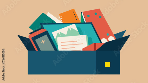 A box filled with journals diaries and handwritten thoughts representing a persons memories of their personal growth and the important moments and lessons they documented. Vector illustration