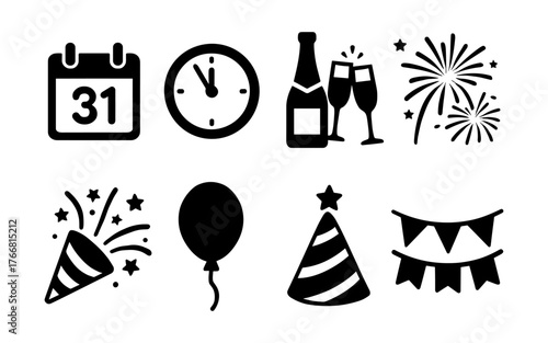 Set of eight black New Year celebration icons including calendar, clock, champagne, glasses, firework, gift, party hat and confetti popper.