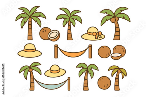 Seamless tropical summer vacation elements: palm trees, coconuts, sun hats, and hammocks