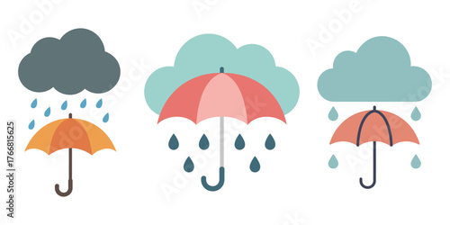 Three colorful umbrellas beneath rain clouds for weather protection